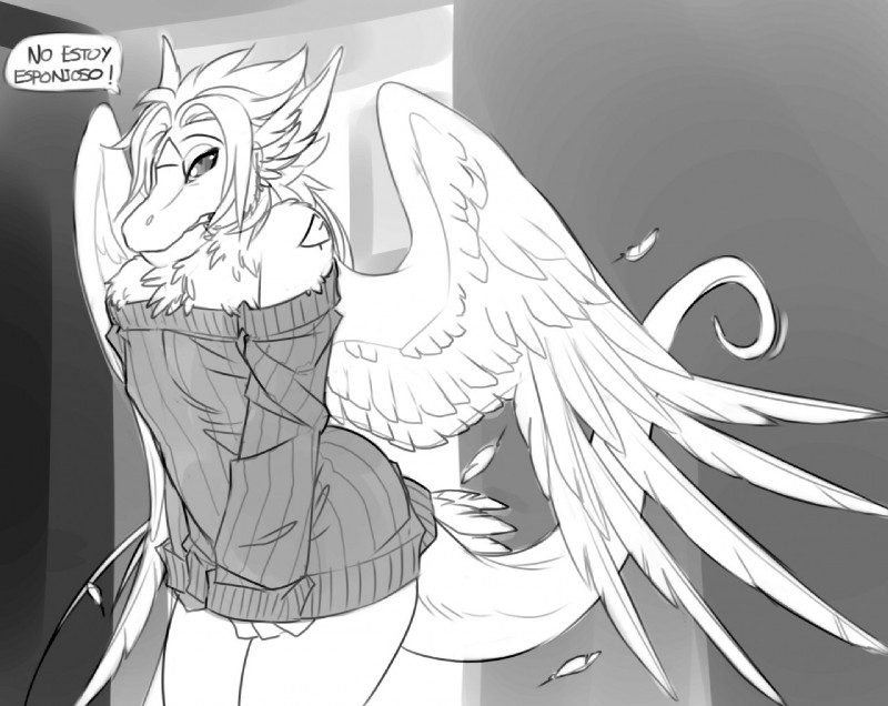 anthro clothed clothing dialogue embarrassed feathered_wings feathers female fluffy solo sweater tail text topwear wings cerezo mythology siegfried angel_dragon dragon feathered_dragon feathered_scalie mythological_creature mythological_scalie scalie digital_media_(artwork) monochrome spanish_text translated