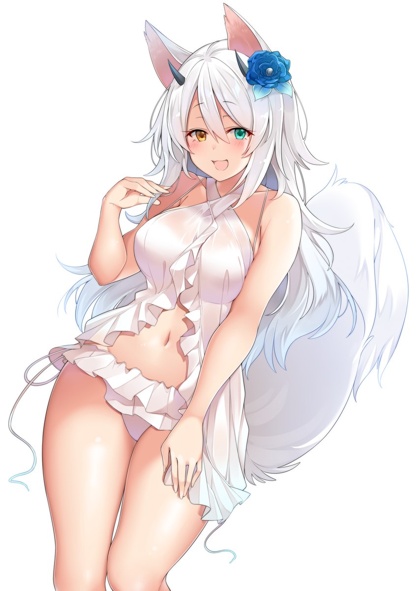 bikini breasts clothing female flower hair long_hair plant simple_background solo swimwear two-piece_swimsuit white_background white_hair suruga_(xsurugax) animal_humanoid canid canid_humanoid canine canine_humanoid humanoid mammal mammal_humanoid absurd_res hi_res