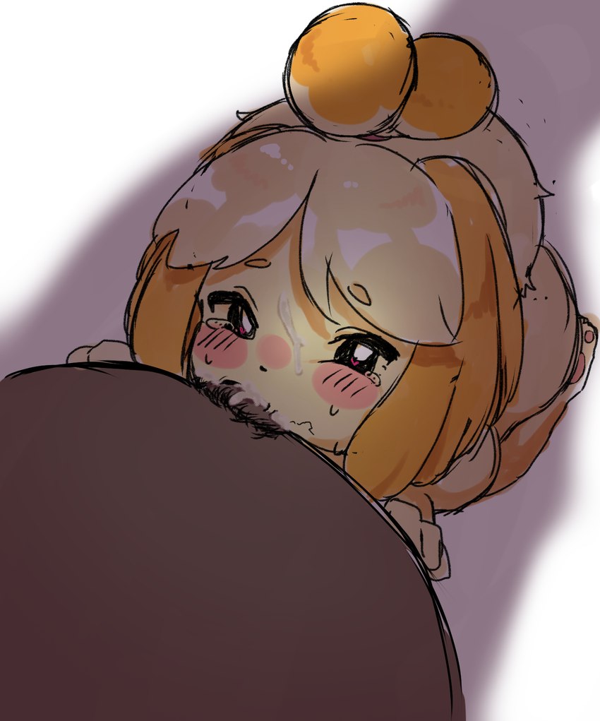 anthro blush bodily_fluids cum cum_on_face duo female genital_fluids heart_eyes heart_symbol male male/female pawpads pubes pubes_on_face tears keminoai_omi animal_crossing nintendo isabelle_(animal_crossing) canid canine canis domestic_dog humanoid mammal shih_tzu toy_dog hi_res