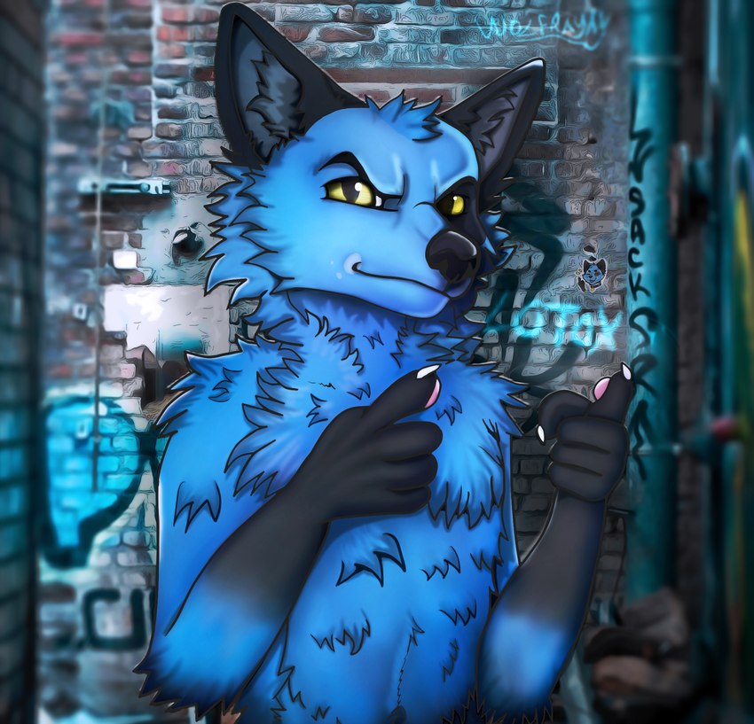 alley anthro blue_body blue_fur detailed_background fur gesture graffiti hand_gesture male pointing pose solo yellow_eyes wolfrayay canid canine canis domestic_dog mammal absurd_res colored digital_drawing_(artwork) digital_media_(artwork) half-length_portrait hi_res portrait shaded