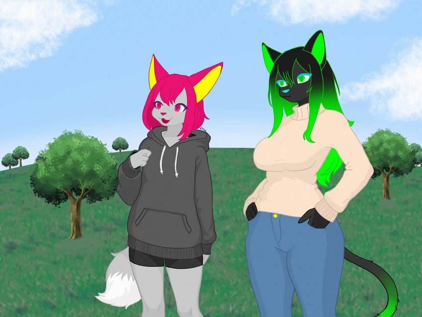 anthro black_body black_clothing black_fur black_hair black_hotpants blue_bottomwear blue_clothing blue_eyelashes blue_jeans blue_nose blue_pants bottomwear clothing cloud denim denim_bottomwear denim_clothing duo eyelashes female fur grass green_ear_frill green_eyes green_hair grey_body grey_clothing grey_fur grey_hoodie grey_sweatshirt grey_topwear hair hand_in_pocket hoodie hotpants jeans pants pink_eyes pink_hair pink_nose plant pockets purple_eyelashes shorts sky sweater sweatshirt tan_clothing tan_sweater tan_topwear topwear tree white_body white_fur yellow_button yellow_ear_fluff yellow_ear_frill thekitsuyt chiyo_(thekitsuyt) gure_(thekitsuyt) canid canine domestic_cat felid feline felis fox mammal 4:3 cel_shading colored digital_media_(artwork) hi_res shaded