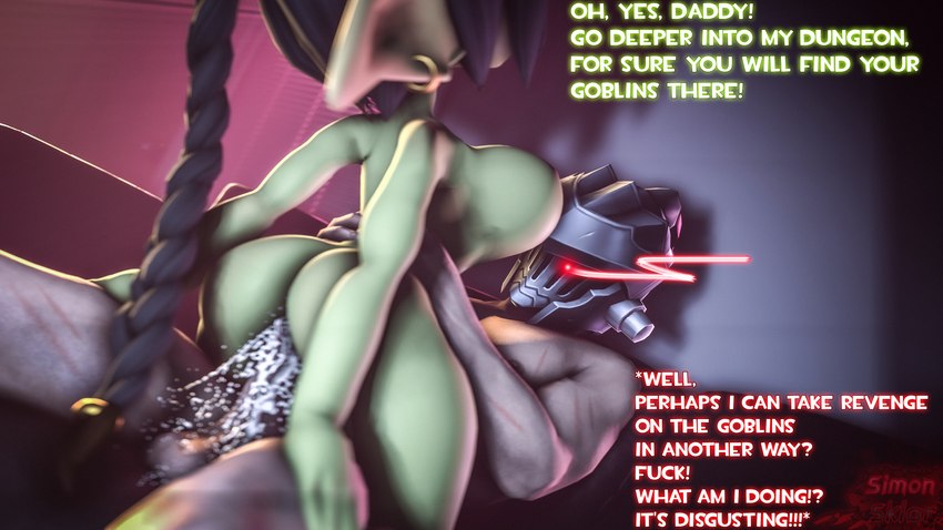 anal anal_penetration armor bodily_fluids cum female genital_fluids genitals goblin_female goblin_slayer_(goblin_slayer) green_body green_skin grey_body hairless headgear helmet humanoid_genitalia humanoid_penis knight long_ears male not_furry penetration penis red_eyes sex tailless text warrior simon_sklar goblin_slayer goblin human mammal 3d_(artwork) absurd_res digital_media_(artwork) hi_res source_filmmaker_(artwork) subtitled