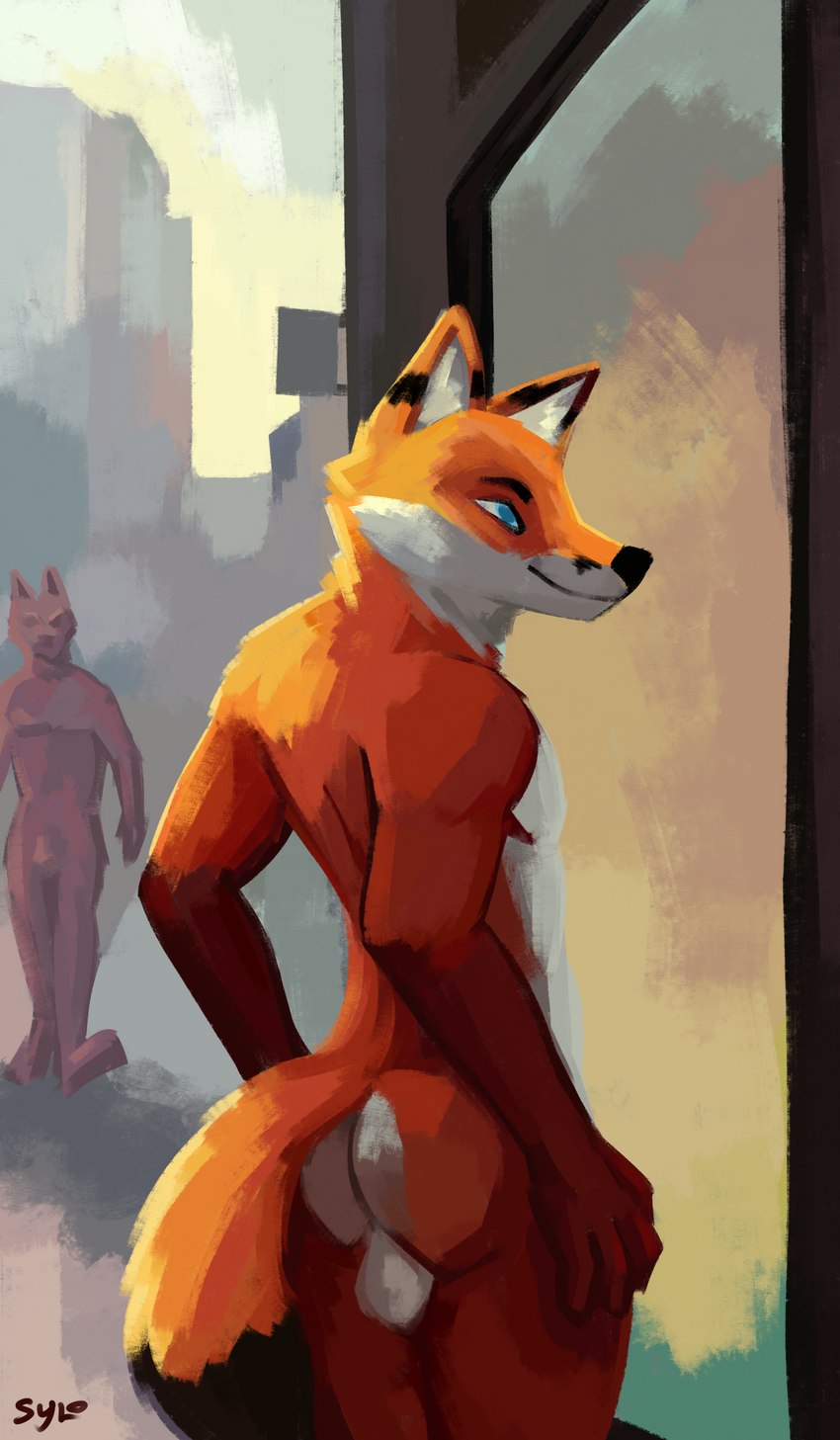 anthro balls butt casual_nudity city city_background duo fur genitals male nude orange_body orange_fur outdoor_nudity outside public public_nudity rear_view social_nudity solo_focus sylo canid canine canis fox mammal red_fox true_fox absurd_res digital_media_(artwork) hi_res