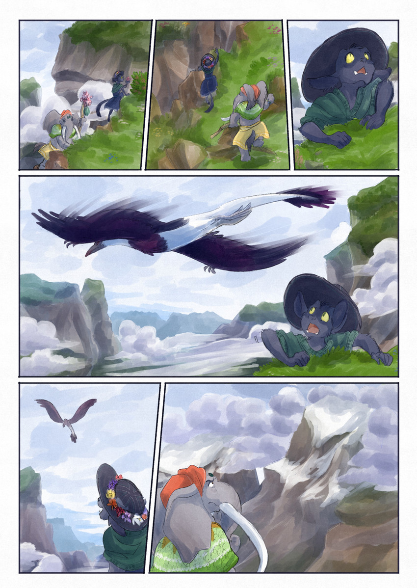ambiguous_gender anthro biped black_body black_feathers black_fur black_tail blue_sky climbing clothed clothing cloud day feathers feral flying fur grass grey_body group hat headgear headwear holding_object male outside plant proboscis_(anatomy) rock sky tail trio trunk_(anatomy) bjekkergauken imbali_(bjekkergauken) isilo_(bjekkergauken) avian bird elephant elephantid mammal proboscidean unknown_species 2025 comic hi_res