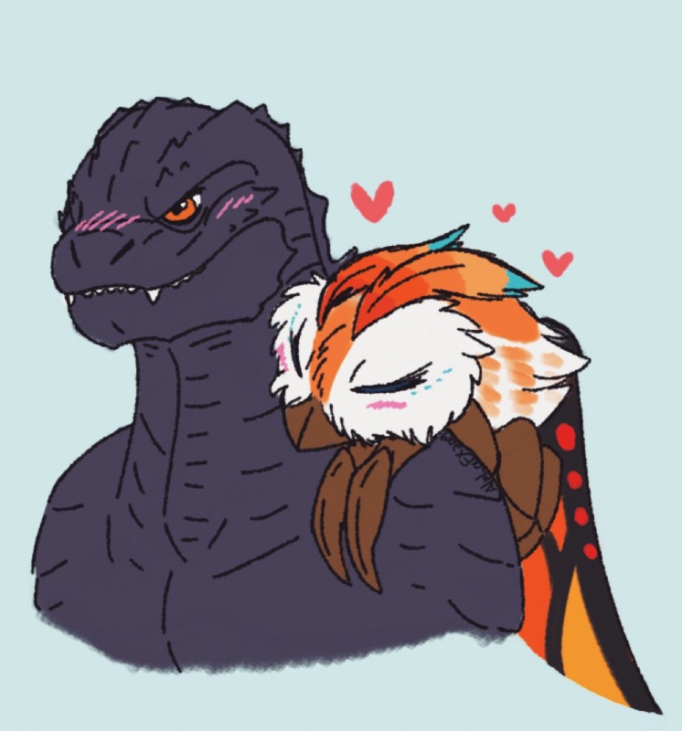 blush duo female interspecies love male male/female mothzilla conditional_dnp skooma_whore godzilla_(series) monsterverse mothra_(series) toho doughegoji godzilla mothra arthropod insect kaiju lepidopteran monster moth reptile scalie 2019 hi_res