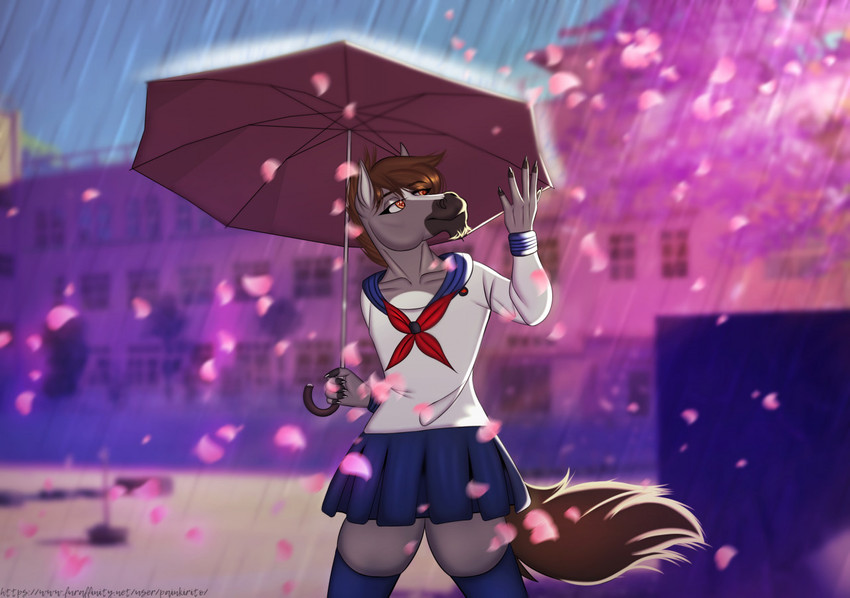 anthro blurred_background bottomwear brown_eyes brown_hair clothing femboy fur grey_body grey_fur hair legwear male markings raining skirt solo stockings thick_thighs umbrella white_markings painkirito dallas_prairiewind equid equine horse mammal