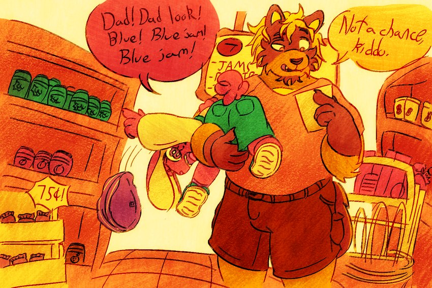 anthro brown_body brown_fur duo female food fur grocery_store jelly_(food) male red_body red_fur shopping_cart young lazy_ruby enny_gima ruby_mello_(dynamitegrizzly) canid canine domestic_rabbit lagomorph leporid lop_rabbit mammal oryctolagus rabbit raccoon_dog tanuki 3:2 daughter_(lore) father_(lore) father_and_child_(lore) father_and_daughter_(lore) parent_(lore) parent_and_child_(lore) parent_and_daughter_(lore)