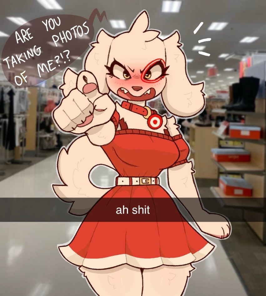 angry anthro blush breasts claws clothing collar dress embarrassed eye_patch_(marking) facial_markings female female_anthro floppy_ears fur gesture hair hand_gesture head_markings looking_at_viewer lop_ears markings mascot open_mouth patch_(marking) pawpads paws photo_background pointing profanity red_clothing red_dress sharp_teeth solo tail teeth text thick_thighs tongue tuft white_body white_fur white_tail wide_hips unattendedmilk snapchat target_corporation spot_(jayrnski) bird_dog canid canine canis domestic_dog hunting_dog mammal spaniel 2024 digital_media_(artwork) english_text hi_res photography_(artwork)