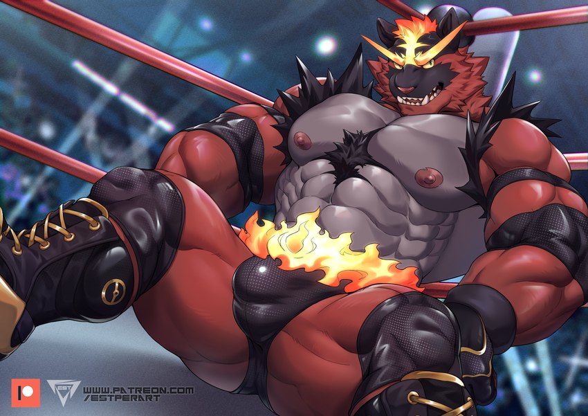 abs anthro areola biped bulge fangs fighting_ring fur male muscular muscular_anthro muscular_male musk nipples pecs red_body red_fur solo teeth estper nintendo pokemon felid generation_7_pokemon incineroar mammal pantherine pokemon_(species) absurd_res hi_res