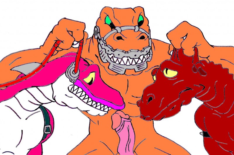 abs anthro armor balls biceps brown_body brown_skin erection fangs genitals green_eyes group head_grab holding_object humanoid_genitalia humanoid_penis male male/male muscular nude pecs penis pink_body pink_skin pose red_body red_skin scales teeth white_body white_skin yellow_body yellow_skin unknown_artist extreme_dinosaurs bad_rap haxx spittor dinosaur dromaeosaurid prehistoric_species reptile scalie theropod velociraptor hi_res