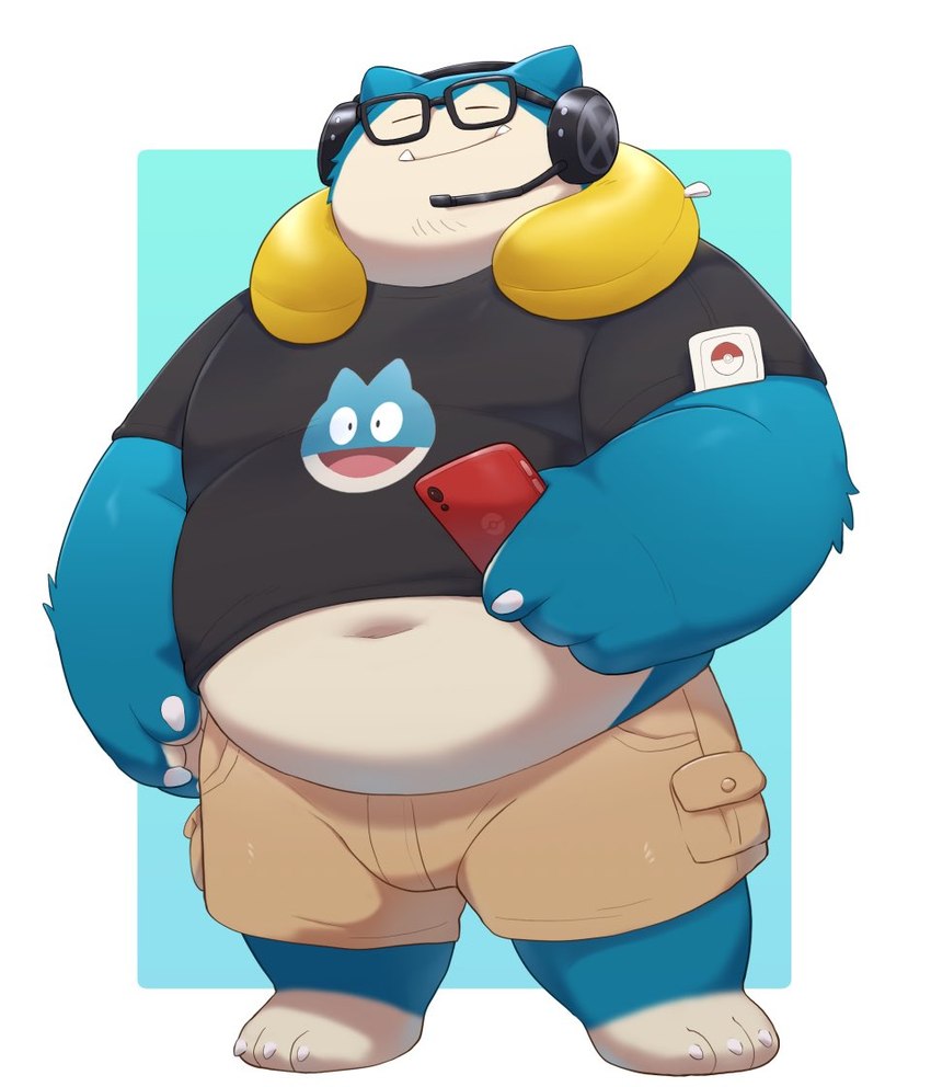 anthro belly big_belly bottomwear cellphone clothing cute_fangs electronics eyes_closed eyewear fangs glasses headphones male navel overweight overweight_male phone shirt shorts smartphone solo teeth topwear o-ro nintendo pokemon pokemon_unite gamer_snorlax generation_1_pokemon pokemon_(species) snorlax 2023