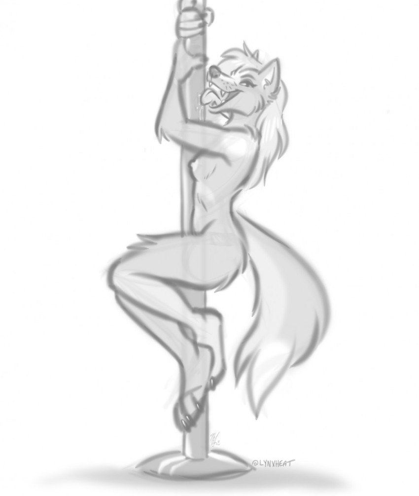 anthro breasts dancing female licking nipples nude pole pole_dancing side_boob solo tongue tongue_out nicnak044 kaltrina_(weaselclaw) canid canine canis mammal wolf digital_media_(artwork) hi_res monochrome sketch