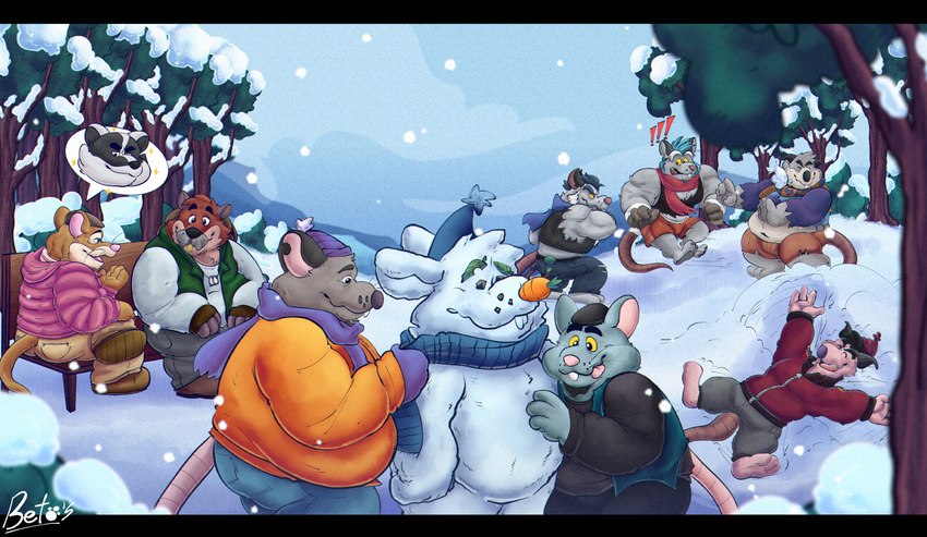 anthro belly bench big_belly biped blue_hair bottomwear brown_body clothing detailed_background exclamation_point eyes_closed facial_hair grey_body group hair happy hat headgear headwear male mature_male mustache outside overweight overweight_male pants pink_nose plant scarf shirt sitting snow snow_angel snowball snowball_fight snowing snowman surprised sweater tongue tongue_out topwear tree winter 06junior11 brok_the_investigator cowcat_games dart_(brok_the_investigator) generic_rat_(brok_the_investigator) guard_(brok_the_investigator) hacker_(brok_the_investigator) kins_(brok_the_investigator) squealers_chief tramp_(brok_the_investigator) badger cricetid mammal mouse murid murine muskrat mustelid musteline rat rodent vole 2024 absurd_res character_request hi_res