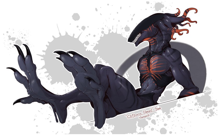 ambiguous_gender anthro claws feet foot_fetish foot_focus not_furry nude paws simple_background smile soles solo tail teeth toe_claws toes kredri alien_(franchise) varzek_(character) alien xenomorph