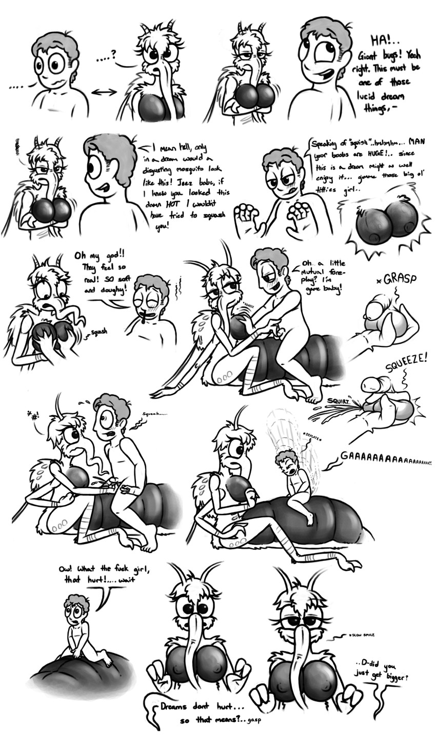 angry anime_nosebleed anthro ball_grab ball_squish ballbusting balls big_breasts blood blood_from_penis bodily_fluids breast_grab breasts cock_and_ball_torture duo female genital_torture genitals hand_on_breast human_on_anthro insectophilia interspecies male male/female multi_arm multi_limb nosebleed penis profanity reversal shrinking size_transformation squish testicular_rupture text transformation half-dude misty_(half-dude) arthropod fly_(animal) human insect mammal mosquito absurd_res english_text hi_res monochrome