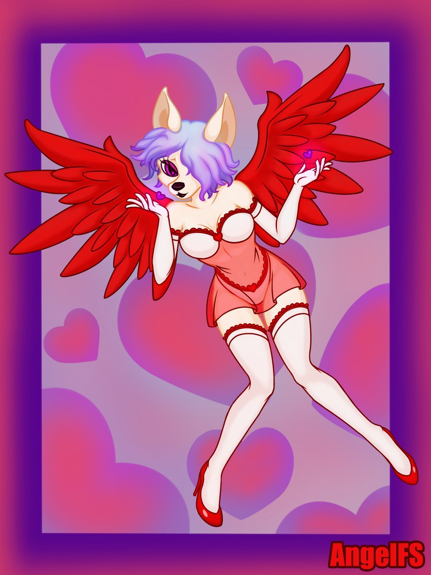 5_fingers anthro blowing_kiss blue_hair bra clothing female fingers footwear hair hair_over_eye heart_symbol high_heels holidays legwear lingerie lips one_eye_obstructed panties purple_eyes purple_hair red_wings shoes simple_background solo thigh_highs translucent translucent_clothing underwear wings angelfs valentine's_day canid canine canis domestic_dog mammal 3:4 full-length_portrait hi_res portrait