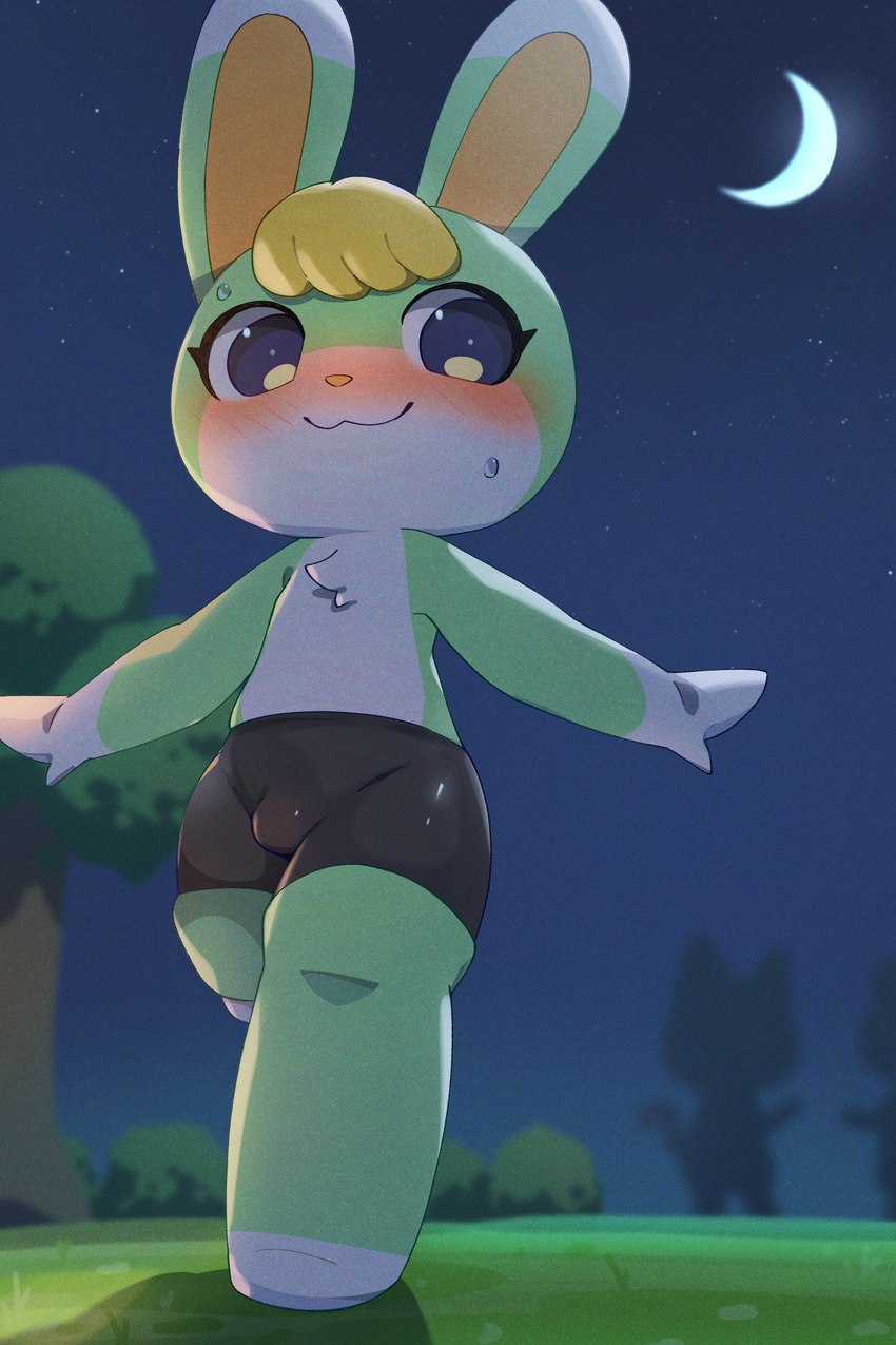 :3 anthro black_eyes blonde_hair blush bodily_fluids bottomwear bulge clothed clothing crescent_moon detailed_background femboy fur glistening glistening_bottomwear glistening_clothing grass green_body green_fur group hair low-angle_view male moon night outside plant shorts silhouette solo_focus star sweat tight_bottomwear tight_clothing tight_shorts topless topless_male tree walking white_body white_fur dok2_mo animal_crossing nintendo sasha_(animal_crossing) lagomorph leporid mammal rabbit 2:3 absurd_res hi_res