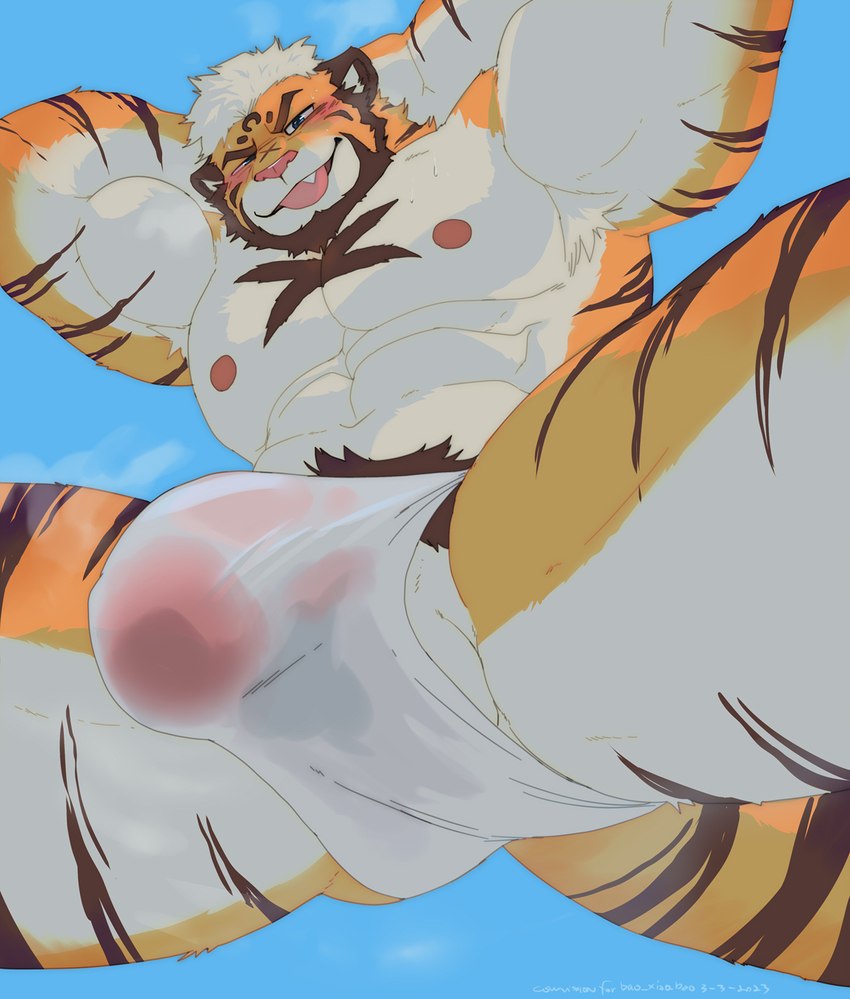 abs anthro balls beard biceps blue_background blue_eyes blush brown_hair brown_stripes bulge chest_markings clothing detailed_bulge facial_hair fur genital_outline genitals hair hand_behind_head looking_at_viewer low-angle_view male markings muscular muscular_anthro muscular_male muscular_thighs orange_body orange_fur pecs penis penis_outline simple_background solo striped_body striped_fur stripes tan_body tan_fur tan_hair tongue tongue_out translucent translucent_clothing triceps underwear white_clothing white_underwear merfiller bao_xiao_bao felid mammal pantherine tiger 2023 hi_res shaded simple_shading