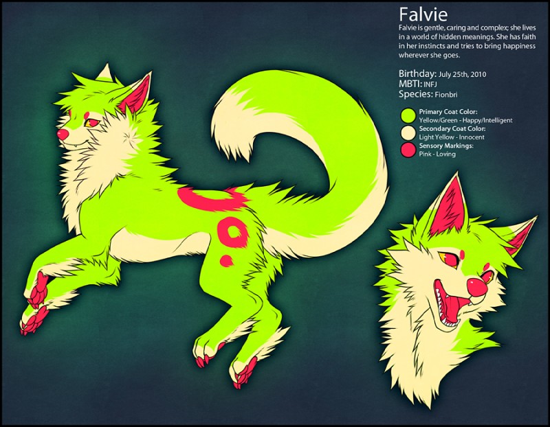 female feral fur green_body green_fur red_eyes side_view solo sparklefur tail text falvie falvie_(character) canid fionbri mammal 2013 digital_drawing_(artwork) digital_media_(artwork) english_text model_sheet