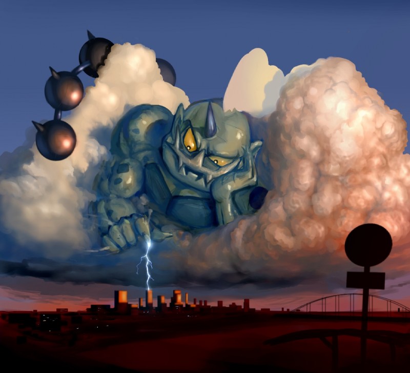 city claws cloud electricity facial_hair gargantuan horn lightning macro male mustache not_furry outside sky solo cosmo_(artist) nintendo pokemon deity generation_5_pokemon humanoid legendary_pokemon pokemon_(species) thundurus thundurus_(incarnate_form)