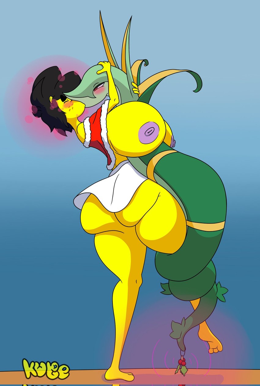 anthro big_breasts big_butt blush bottomwear breasts butt clothing duo female green_body holidays huge_breasts huge_butt kissing male male/female nipples purple_nipples skirt yellow_body kuge christmas nintendo pokemon piku_(kuge) caviid generation_5_pokemon guinea_pig mammal pokemon_(species) rodent serperior hi_res