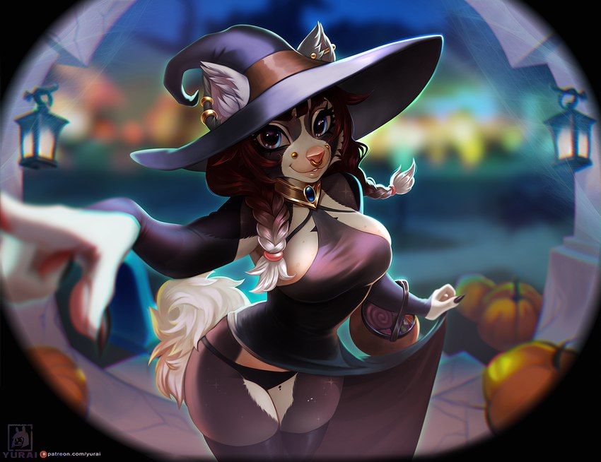 anthro big_breasts blue_eyes blurred_background braided_hair breasts bridge_piercing candy candy_bucket clothing dessert dress ear_piercing ear_ring eyelashes facial_piercing female flashing food fruit hair hat headgear headwear holidays inner_ear_fluff jack-o'-lantern lamp lantern legs_together legwear long_hair looking_at_viewer nose_piercing nose_ring panties peephole piercing pink_nose plant pumpkin ring_piercing smile solo standing stockings text thigh_highs trick-or-treating tuft underwear white_hair witch_costume witch_hat yurai halloween patreon canid canine canis domestic_dog mammal 2022 artist_name url