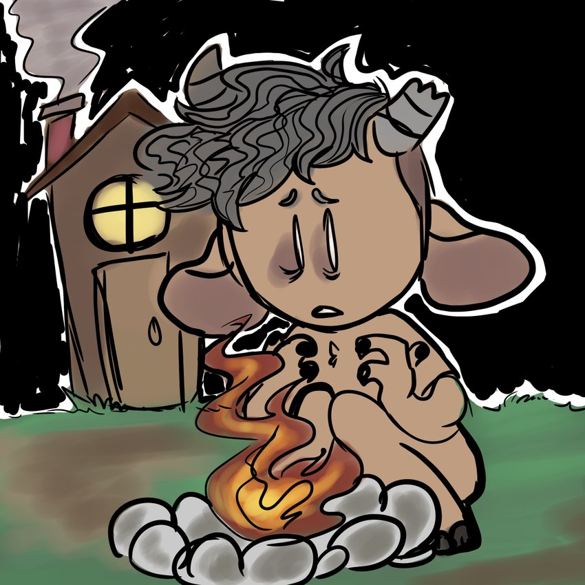 ambiguous_gender anthro biped broken_horn brown_body brown_fur building campfire chest_tuft claws dirt eye_bags fire fur grass grey_hair grey_horn hair hooves horn house night nude open_mouth outside plant simple_background smoke solo tuft manitka don't_starve klei_entertainment manitka_storm bovid bovine cattle mammal 1:1 2020 digital_media_(artwork) hi_res