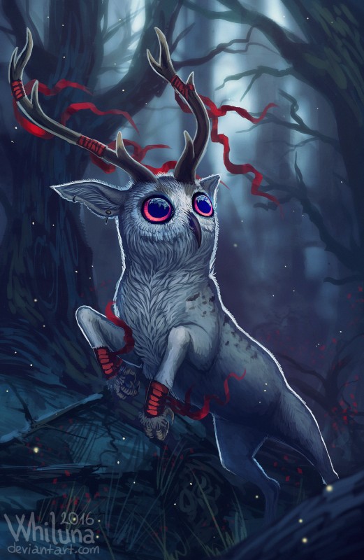 ambiguous_gender antlers claws creepy ear_piercing feral forest horn piercing plant ribbons solo text tree whiluna avian bird deer hybrid mammal nature_spirit owl absurd_res hi_res url