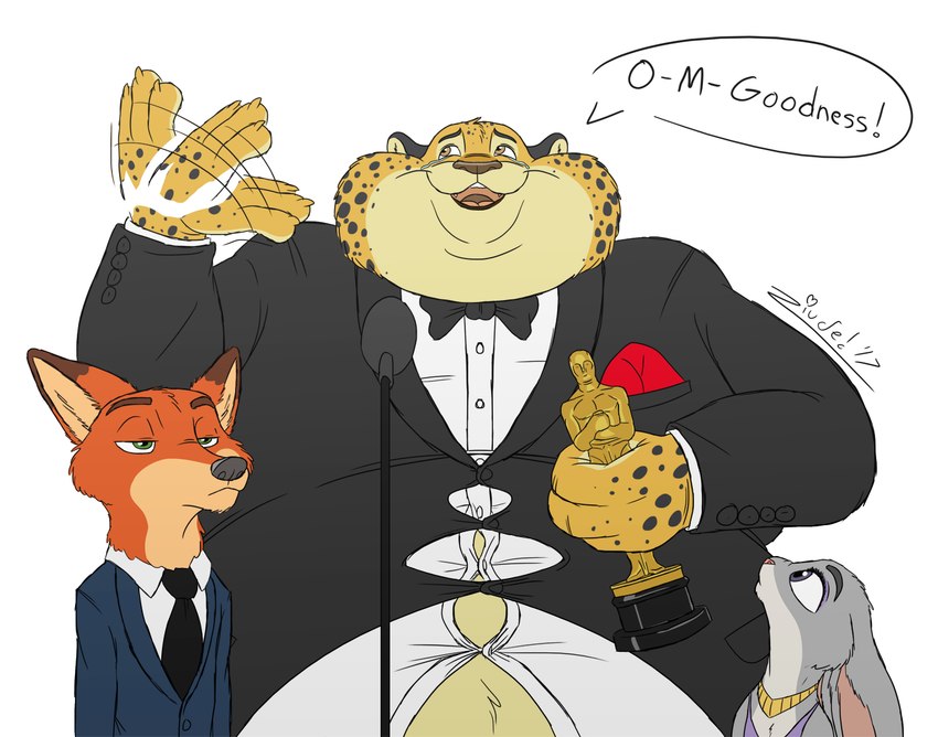 anthro award belly big_cheeks black_tie_(suit) bodily_fluids bow_tie button_(fastener) chubby_cheeks claws clothing crying dialogue dress_shirt electronics fangs female fur group half-closed_eyes hand_fan holding_award holding_object holding_oscar_statuette holding_statue jewelry looking_away looking_up male markings microphone microphone_stand mouth_closed narrowed_eyes necklace necktie obese obese_anthro obese_male open_mouth oscar_statuette overweight overweight_anthro overweight_male shirt simple_background speech_bubble spots spotted_body spotted_fur straining_buttons suit tears tears_of_joy teeth text tight_clothing tight_shirt tight_topwear tongue topwear trio white_background juano academy_awards disney zootopia benjamin_clawhauser judy_hopps nick_wilde canid canine cheetah european_rabbit felid feline fox lagomorph leporid mammal oryctolagus rabbit red_fox true_fox 2017 signature