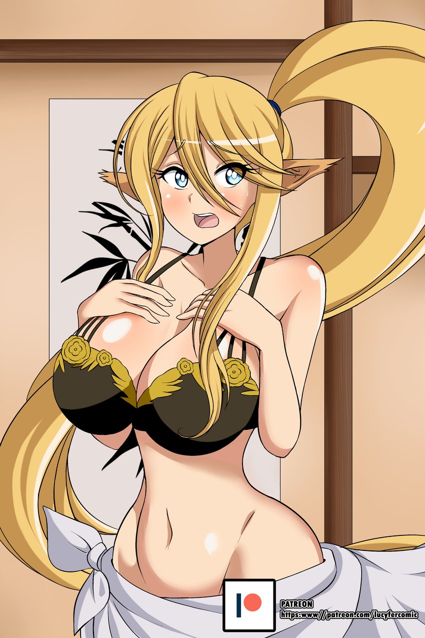 big_breasts black_bra black_clothing black_topwear black_underwear blonde_hair blue_eyes bra breasts clothed clothing female hair humanoid_pointy_ears monster_girl_(genre) partially_clothed pointy_ears solo tied_hair topwear underwear lucyfercomic european_mythology greek_mythology monster_musume mythology centorea_shianus_(monster_musume) humanoid 2:3 absurd_res hi_res