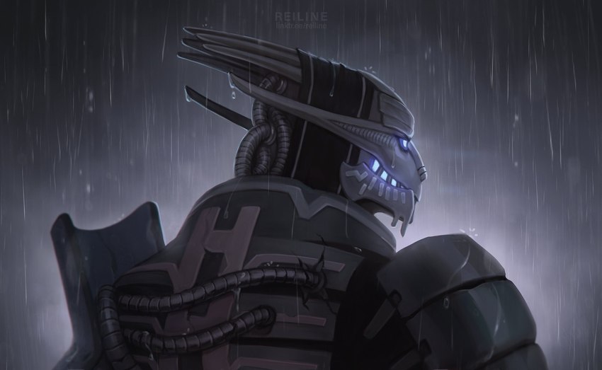 armor cybernetic_arm cybernetic_face cybernetic_limb cybernetics glowing glowing_eyes glowing_mouth hood machine male outside raining solo water wet reiline bioware electronic_arts mass_effect saren_arterius alien cyborg turian hi_res