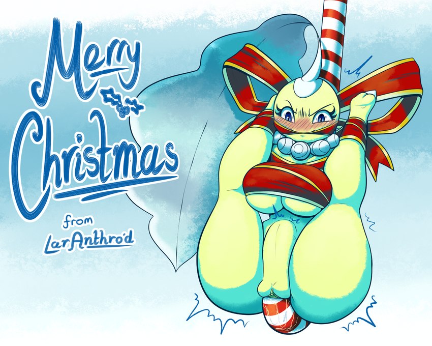 bdsm blue_eyes blue_text blush bondage bound breasts candy candy_cane candy_cane_in_pussy dessert eyebrows eyelashes female food genitals holidays leaf motion_lines nude penetration pokemorph pupils pussy ribbons shadow simple_background solo text vaginal vaginal_penetration white_sclera latiar christmas nintendo pokemon chikorita generation_2_pokemon humanoid pokemon_(species) 2024 5:4 artist_name digital_media_(artwork) english_text hi_res