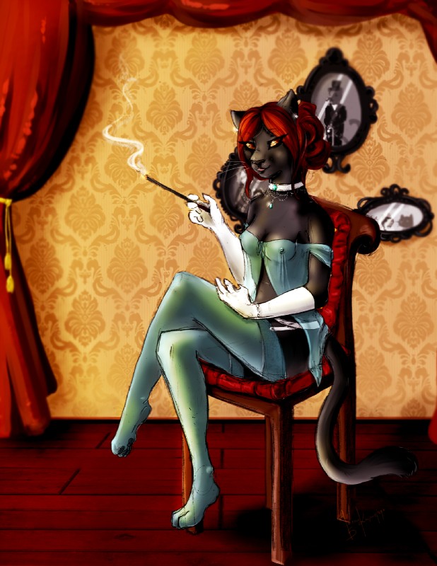 anthro armwear black_body black_fur bracelet breasts chair choker cigarette_holder clothing elbow_gloves feet female fur furniture gloves handwear jewelry legwear looking_at_viewer necklace nightgown nipples paws small_breasts smoke solo stockings translucent translucent_clothing underwear caatnip koshka domestic_cat felid feline felis mammal hi_res