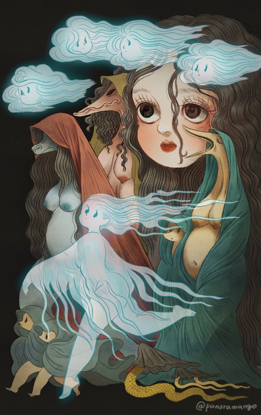 anthro big_breasts breasts female group pregnant pregnant_female veil panoramango asian_mythology east_asian_mythology japanese_mythology mythology avian elemental_creature ghost humanoid mythological_avian mythological_creature nure-onna okubi spirit tsurubebi ubumetori yokai 2021 absurd_res hi_res