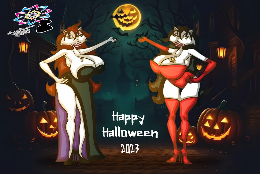 anthro big_breasts black_hair breasts brown_hair clothing dress duo female food footwear fruit hair high_heels holidays huge_breasts jack-o'-lantern jewelry lips markings mole_(marking) moon necklace plant pumpkin shoes star star_necklace text thick_lips thick_thighs muqy197 eek!_the_cat halloween pam_(eek!_the_cat) polly_(eek!_the_cat) domestic_cat felid feline felis mammal 3:2 digital_media_(artwork) english_text hi_res