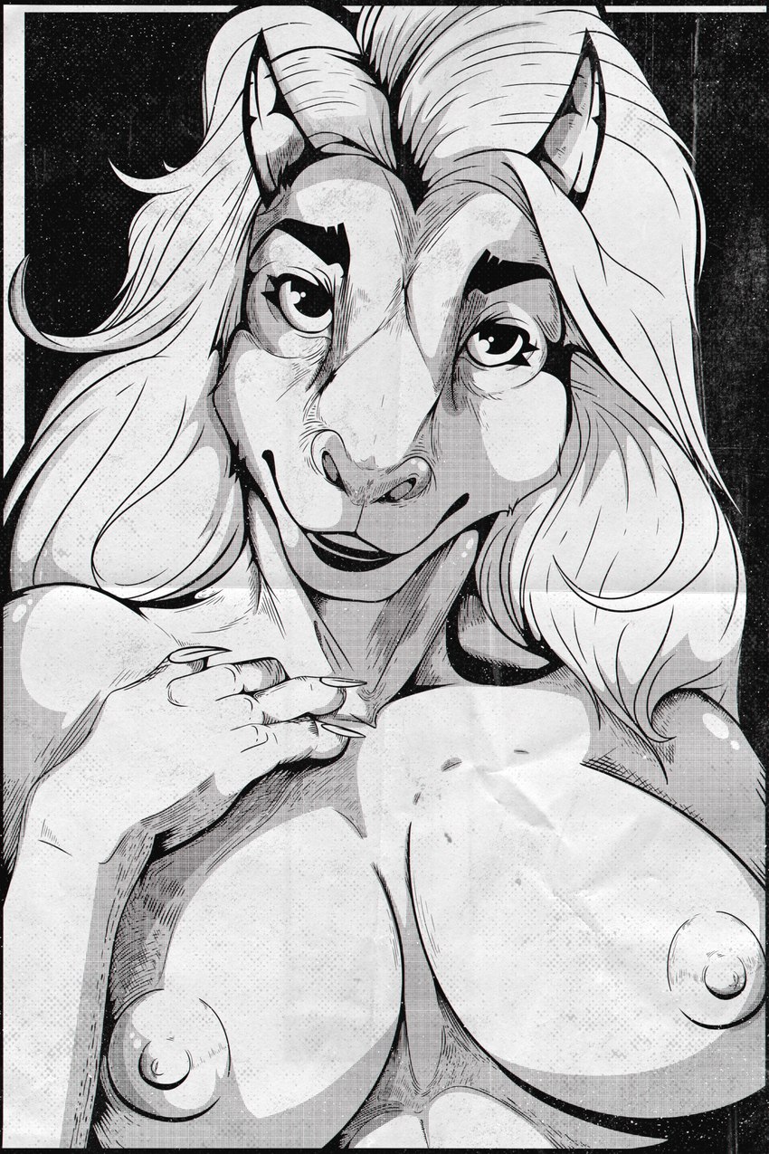 anthro big_eyes breasts female hair hand_on_breast horn long_hair nails nipples nude nude_anthro smile solo tasteful 0l-fox-l0 bovid caprine goat mammal black_and_white detailed digital_drawing_(artwork) digital_media_(artwork) hi_res monochrome