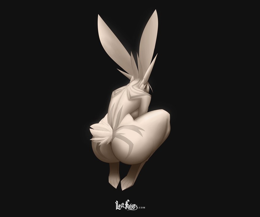 anthro butt ears_up female fur long_ears looking_away markings nude scut_tail short_tail simple_background solo tail turned_around white_body white_fur xplaysx last_fables eni_siverets_(last_fables) hare lagomorph leporid mammal rabbit hi_res