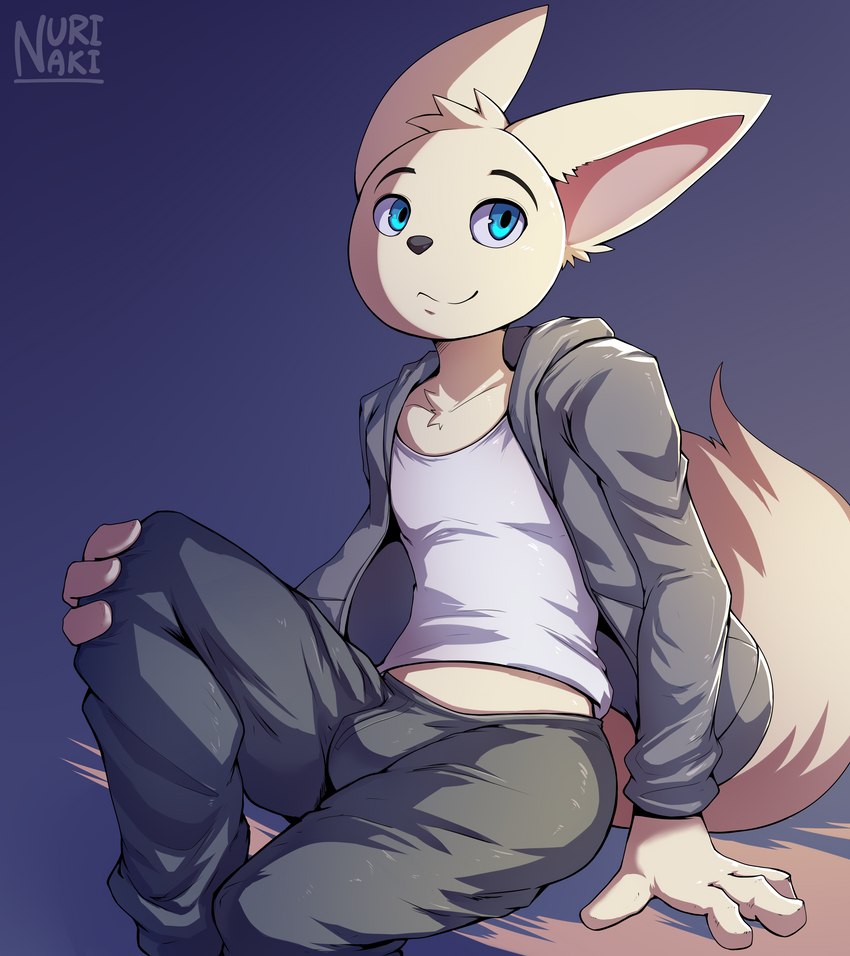 anthro blue_eyes clothed clothing fluffy fluffy_tail fully_clothed kemono looking_aside male simple_background sitting solo tail nurinaki rennearc canid canine fennec_fox fox mammal true_fox 2019 absurd_res hi_res