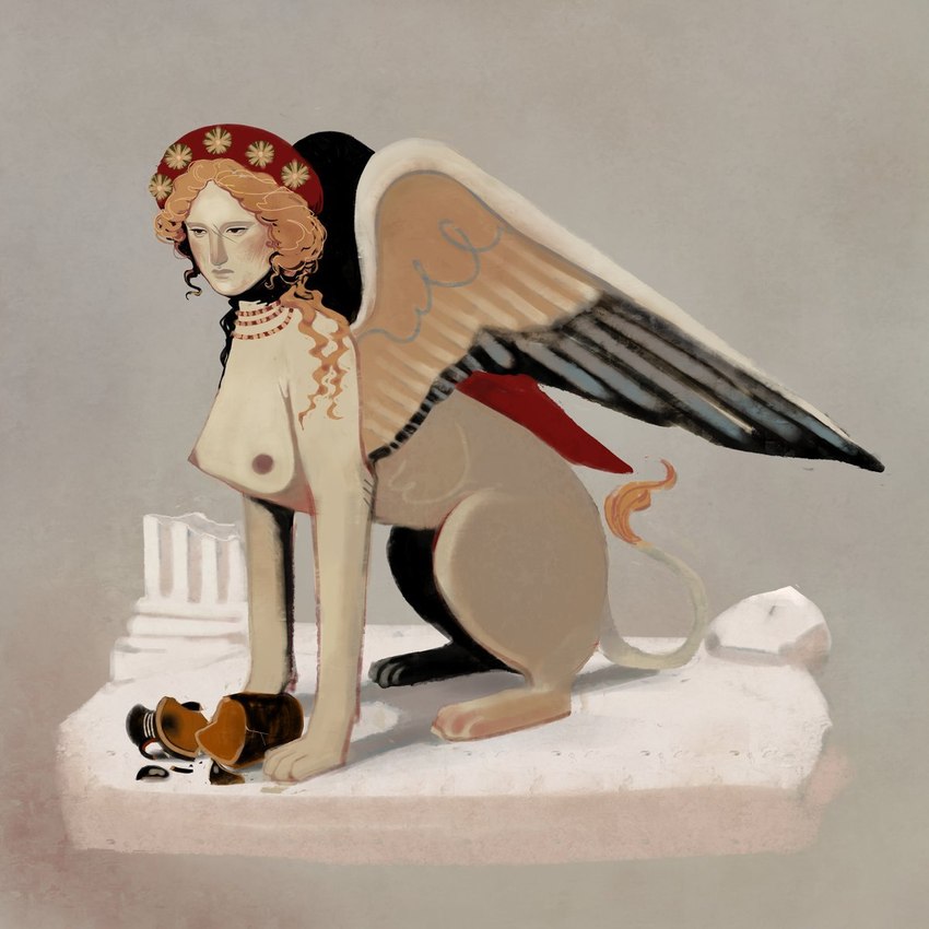 anthro breasts clothed clothing column female humor nipples nude solo tail topless wings hexnovo mythology animal_humanoid felid humanoid mammal mythological_creature mythological_sphinx broken 1:1 digital_media_(artwork) hi_res