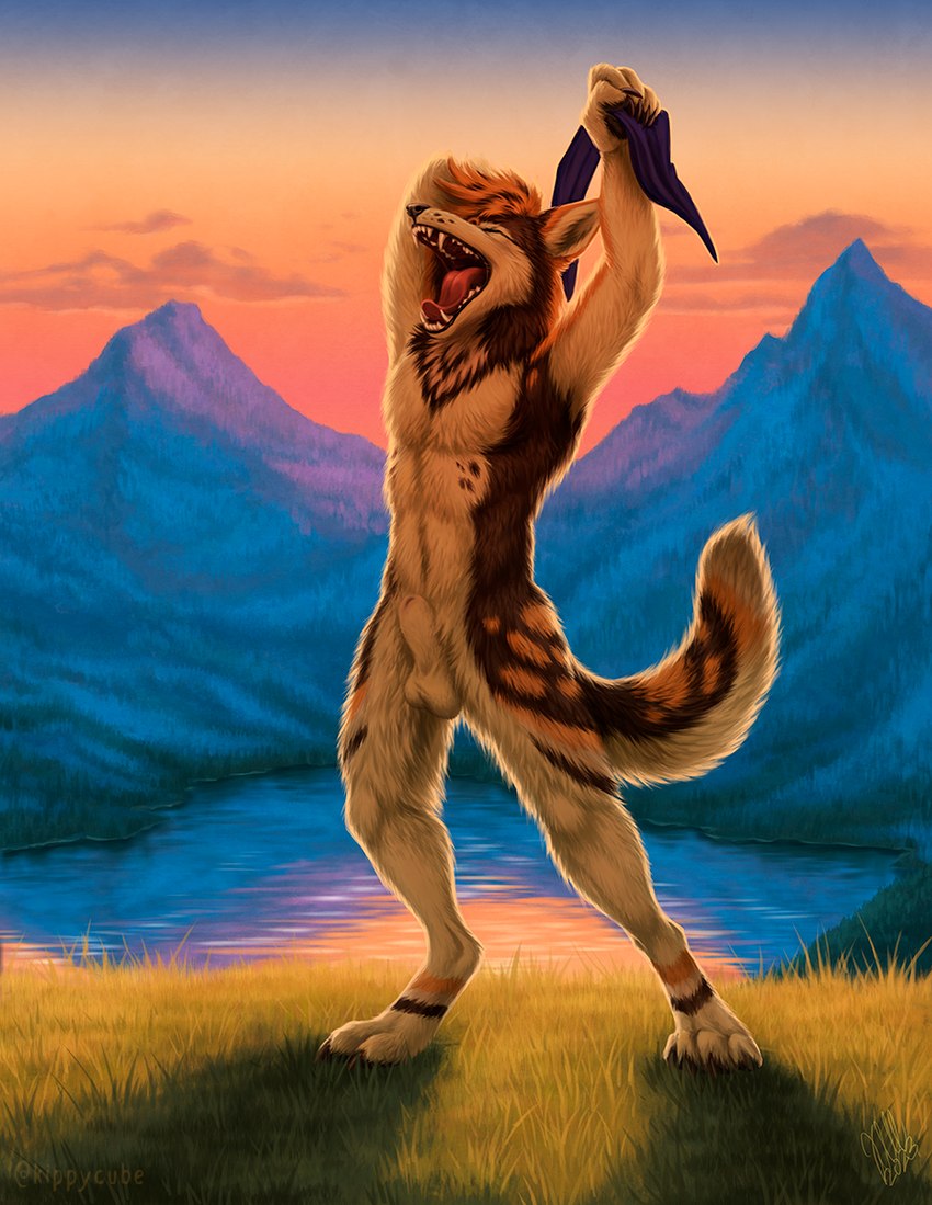 animal_genitalia anthro backlighting balls brown_body brown_fur cheek_tuft chest_tuft claws cloud countershade_torso countershading detailed_background detailed_fur digitigrade eyes_closed facial_tuft fangs finger_claws fluffy fluffy_tail fully_sheathed fur genitals grass head_tuft inner_ear_fluff lake light male markings mountain nude open_mouth outside plant raised_arms sheath sky snout solo spots spotted_body spotted_fur stretching sunrise tail teeth toe_claws tongue tuft yawn kippycube canid canine canis coyote mammal detailed lighting shaded signature