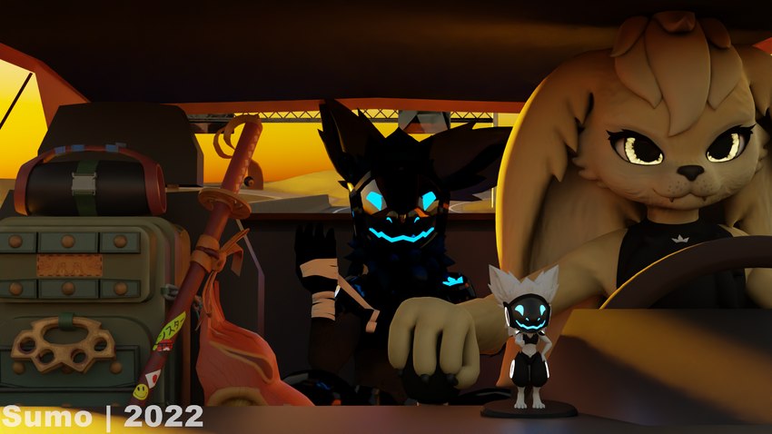 animal_mask anthro backpack bandage bobblehead brass_knuckles car clothed clothing duo female fox_mask highway inside_car inside_vehicle looking_at_viewer machine male mask melee_weapon screen screen_face sword vehicle weapon king_sumo_(artist) beats_electronics louie_(character) sumo_(character) bird_dog canid canine canis domestic_dog golden_retriever hobkin humanoid hunting_dog hybrid mammal protogen retriever robot 16:9 2022 3d_(artwork) album_cover blender_(artwork) cover digital_media_(artwork) hi_res watermark widescreen