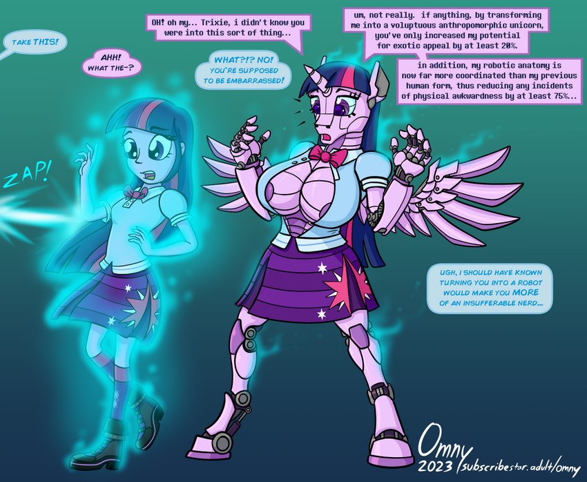 anthro areola bottomwear clothing corrugated_breasts corrugated_neck corrugation dialogue female horn instant_transformation machine magic robotization skirt text transformation transformation_through_magic wings omny87 equestria_girls friendship_is_magic hasbro my_little_pony mythology twilight_sparkle_(eg) twilight_sparkle_(mlp) equid equine human humanoid mammal mythological_creature mythological_equine robot winged_unicorn english_text