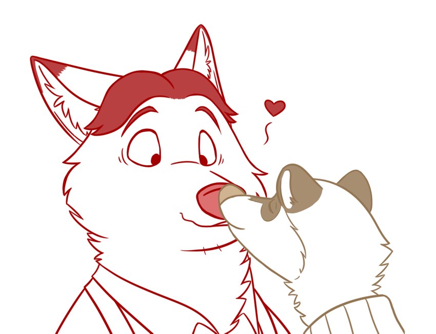 anthro biped clothing duo eyes_closed heart_reaction heart_symbol kissing male shared_heart shirt simple_background topwear white_background skunkbutt_(artist) disney zootopia gideon_grey travis_(zootopia) black-footed_ferret canid canine fox mammal mustelid musteline red_fox true_fox true_musteline weasel bust_portrait portrait