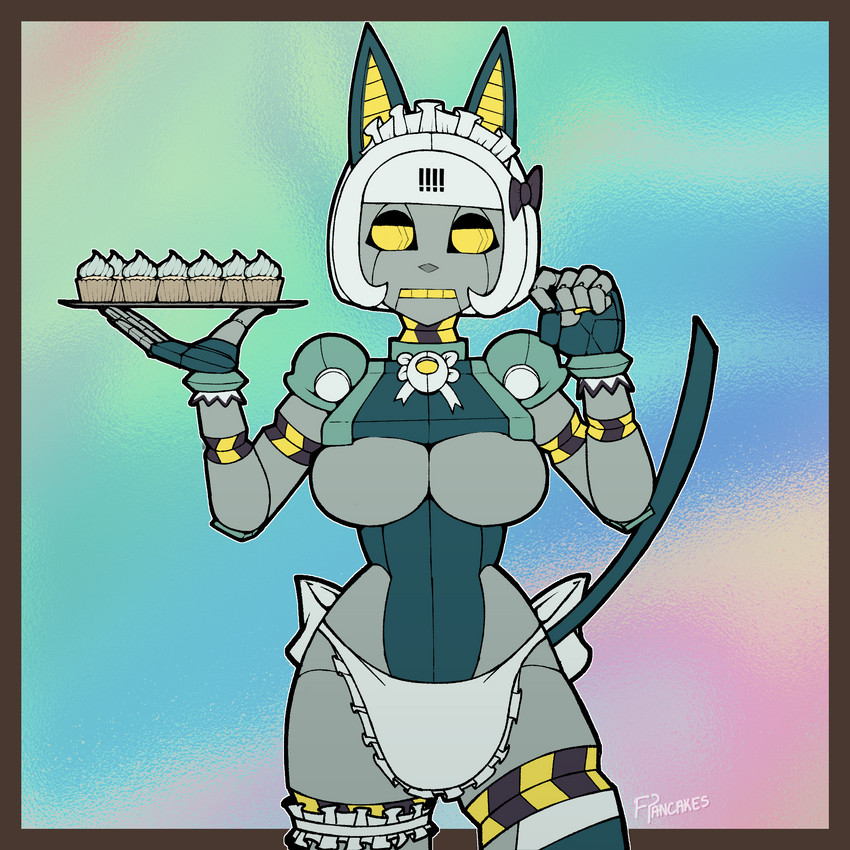 accessory big_breasts bow_(feature) bow_accessory bow_ribbon breasts clothed clothing cupcake female food garter hair_accessory hair_bow hair_ribbon machine maid_apron maid_headdress ribbons simple_background solo text yellow_eyes freepancakes skullgirls robo-fortune animal_humanoid cat_humanoid felid felid_humanoid feline feline_humanoid humanoid mammal mammal_humanoid robot 1:1 2021 digital_media_(artwork) english_text hi_res signature