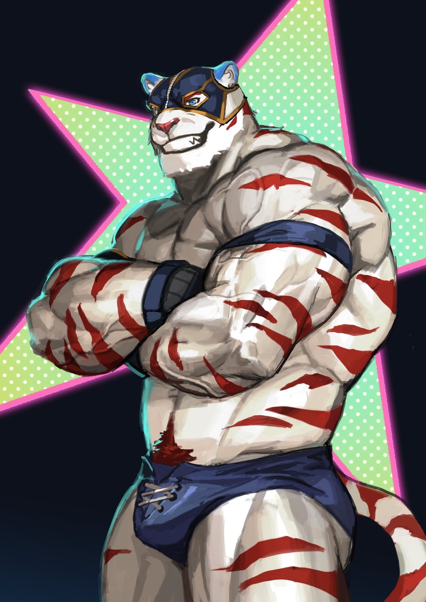 anthro armband blue_armband blue_clothing blue_ears blue_eyes blue_mask blue_speedo blue_swimwear bulge clothing crossed_arms deltoids forearm_muscles fur male mask muscular muscular_anthro muscular_male muscular_thighs pubes red_stripes smile solo speedo striped_body striped_fur stripes swimwear triceps vein veiny_muscles white_body white_fur traver009 seth_(laxerner) felid mammal pantherine tiger 2023 absurd_res hi_res