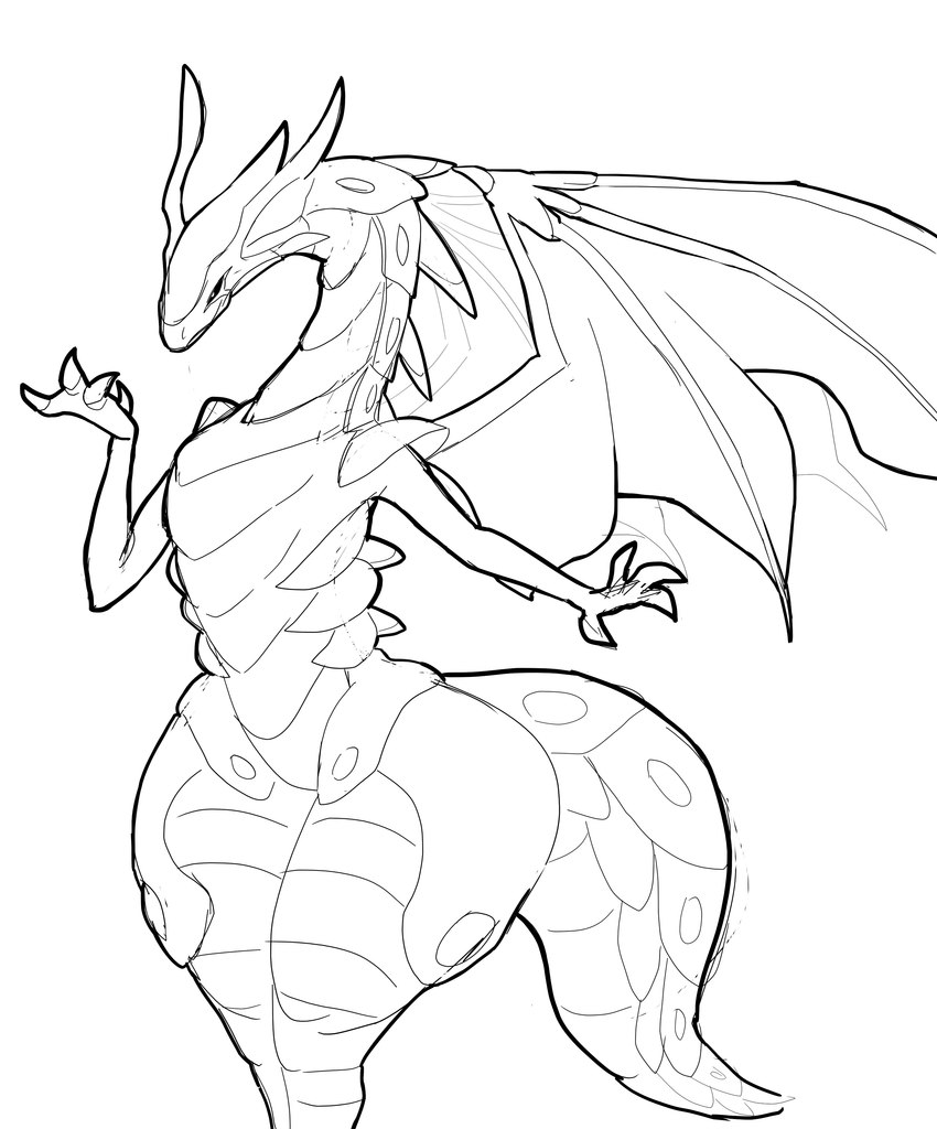 anthro big_butt black_sclera butt female fur simple_background solo tail thick_thighs white_background wings wuuute bakugan european_mythology mythology wavern wavern_(bakugan) dragon mythological_creature mythological_scalie scalie western_dragon wyvern absurd_res hi_res monochrome unfinished