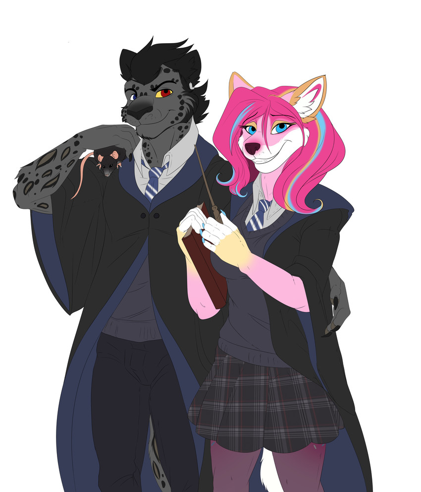 5_fingers anthro clothed clothing duo fingers fur hogwarts_uniform male pink_body pink_fur ravenclaw school_uniform simple_background smile uniform white_background tai_l_rodriguez harry_potter_(series) canid canine canis felid mammal pantherine snow_leopard wolf 2020 absurd_res digital_media_(artwork) hi_res