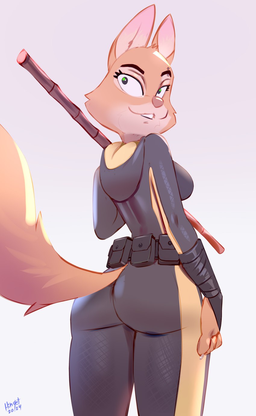 anthro belt bodysuit breasts butt butt_pose cheek_tuft clothing eyebrow_piercing eyebrows eyelashes facial_piercing facial_tuft female furgonomics grey_background looking_back medium_breasts piercing pose pouch_(clothing) simple_background skinsuit smile solo staff standing teeth tight_clothing tuft hinget dreamworks the_bad_guys diane_foxington canid canine fox mammal 2024 absurd_res artist_name hi_res