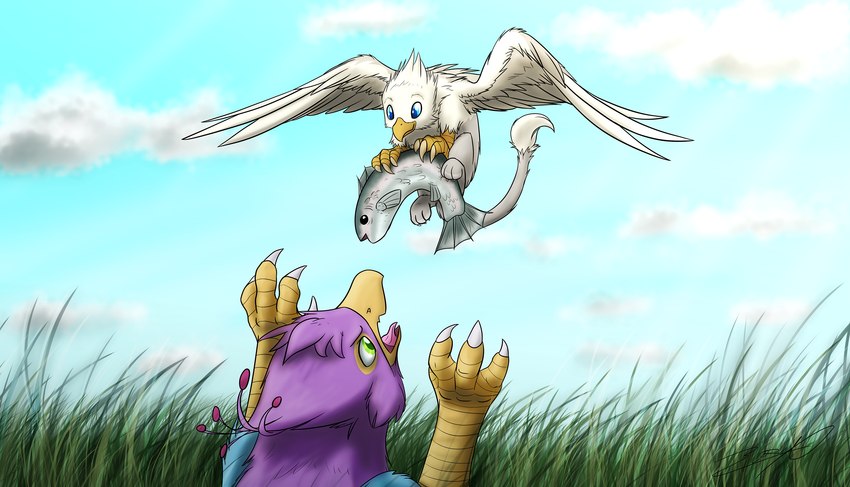avian_feet beak blue_body duo feathered_wings feathers feeding feral green_eyes male paws pink_body quadruped size_difference tail tail_tuft tuft wings xeirla mythology der gyro_feather avian bird fish galliform gryphon marine mythological_avian mythological_creature peafowl phasianid hi_res