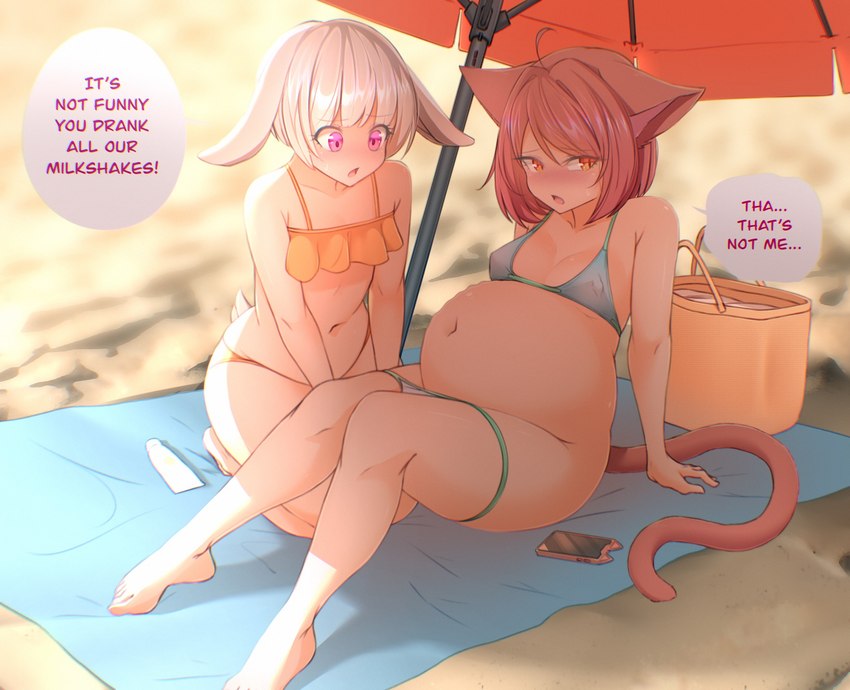 barefoot beach beach_towel beach_umbrella belly big_belly big_butt breasts brown_hair butt cellphone clothing dialogue duo electronics feet female female/female hair kneeling navel orange_eyes parasol phone purple_eyes sand seaside sitting smartphone speech_bubble stuffing swimwear tail text thick_thighs towel white_hair spellsx animal_humanoid cat_humanoid felid felid_humanoid feline feline_humanoid humanoid lagomorph lagomorph_humanoid leporid_humanoid mammal mammal_humanoid rabbit_humanoid hi_res